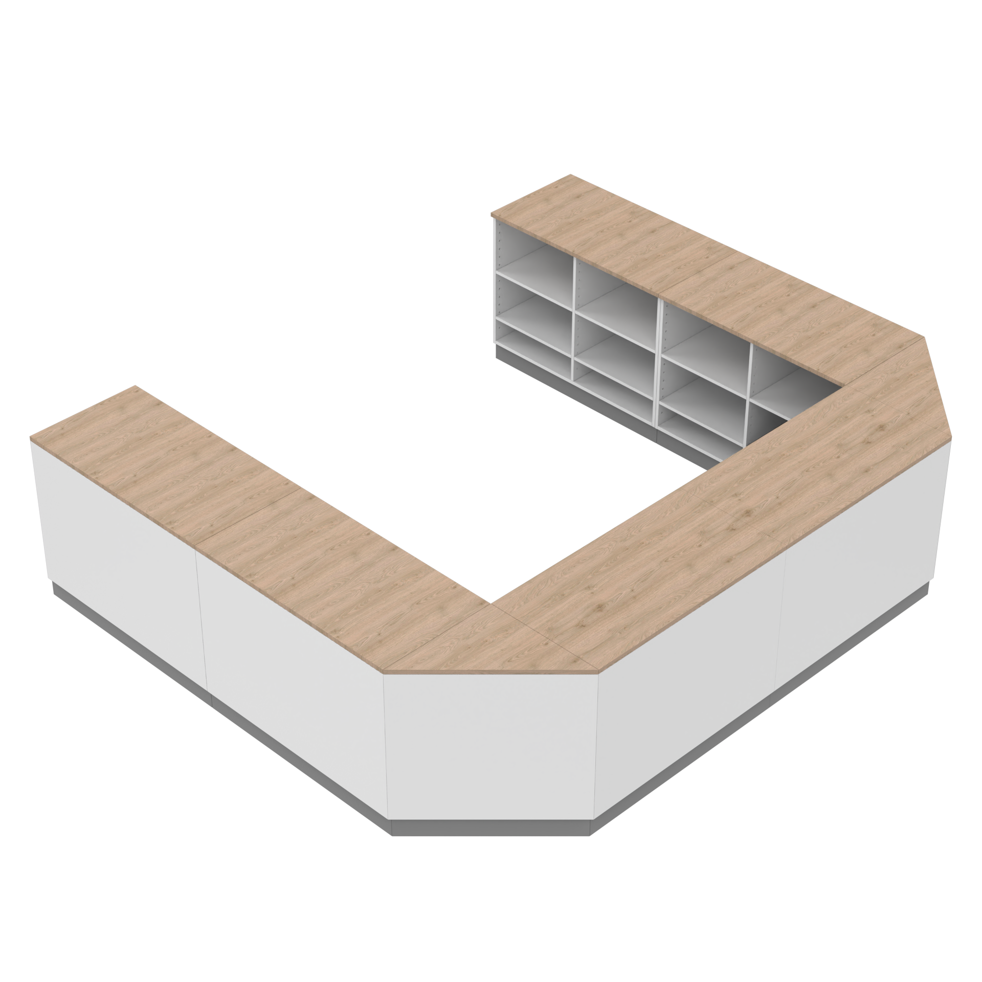 Verkaufstheke U - form, Platina/Weiss/Eiche 300 x 360