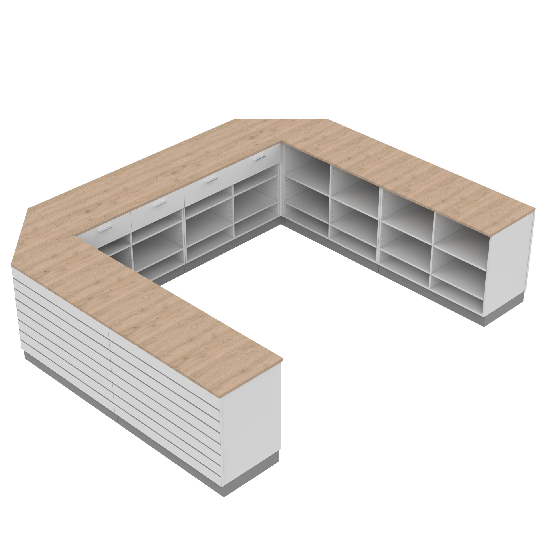 Verkaufstheke U - form, Platina/Weiss/Eiche 300 x 360