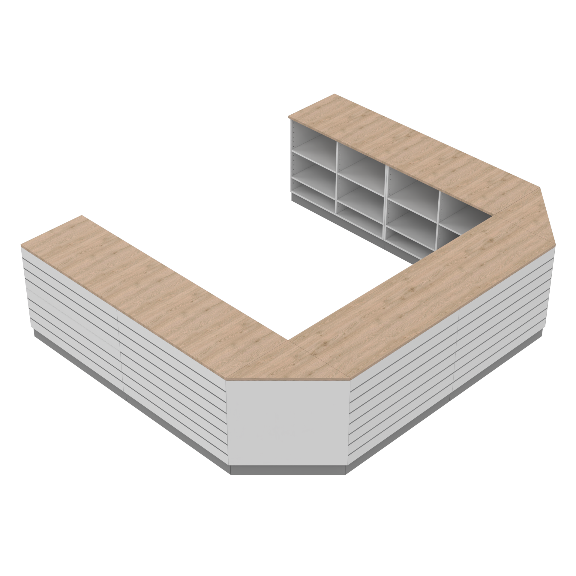 Verkaufstheke U - form, Platina/Weiss/Eiche 300 x 360
